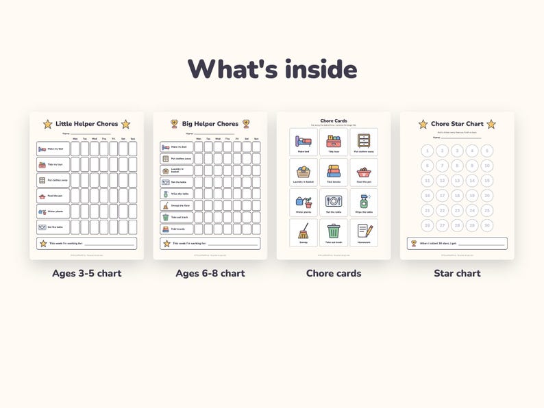 Op de afbeelding: Een set van vier printbare takenkaarten en kaarten met de titel What's inside. Bevat een Little Helper Chores kaart voor 3-5 jaar, een Big Helper Chores kaart voor 6-8 jaar, een vel met twaalf kleurrijke takenkaarten en een genummerde sterrenkaart.