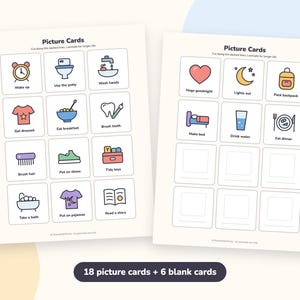 May include: Two sheets of printable picture cards featuring colorful icons for daily routines. Each card includes a simple illustration and text such as Wake up, Use the potty, Wash hands, Get dressed, Eat breakfast, Brush teeth, Brush hair, Put on shoes, Tidy toys, Take a bath, Put on pajamas, Read a story, Hugs goodnight, Lights out, Pack backpack, Make bed, Drink water, and Eat dinner.
