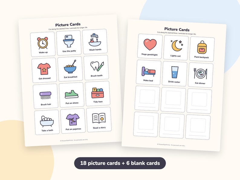 May include: Two sheets of printable picture cards featuring colorful icons for daily routines. Each card includes a simple illustration and text such as Wake up, Use the potty, Wash hands, Get dressed, Eat breakfast, Brush teeth, Brush hair, Put on shoes, Tidy toys, Take a bath, Put on pajamas, Read a story, Hugs goodnight, Lights out, Pack backpack, Make bed, Drink water, and Eat dinner.