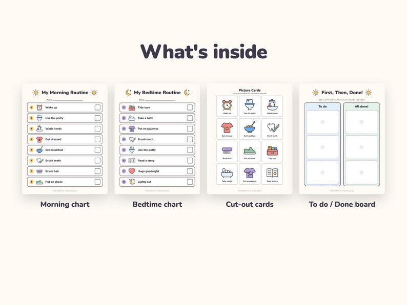 May include: A set of four printable charts titled What's inside, including a My Morning Routine chart, a My Bedtime Routine chart, a sheet of colorful Picture Cards with icons for daily tasks, and a First, Then, Done board with To do and All done columns.