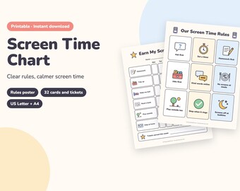 Screen Time Chart for Kids Printable, Screen Time Rules Poster, Screen Time Tickets and Tracker (PDF)