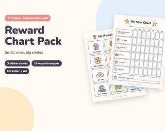 Reward Chart for Kids Printable, Sticker Chart, Behavior Chart, Reward Coupons and Star Chart for Toddlers (PDF)