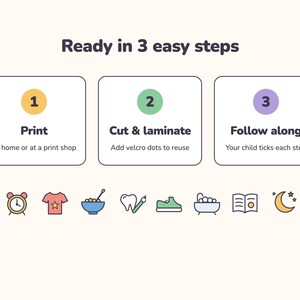 May include: An instructional graphic titled Ready in 3 easy steps with three numbered boxes. Step 1: Print. Step 2: Cut & laminate. Step 3: Follow along. Below are eight colorful icons representing daily activities: alarm clock, shirt, bowl, tooth, shoe, bathtub, book, and moon.