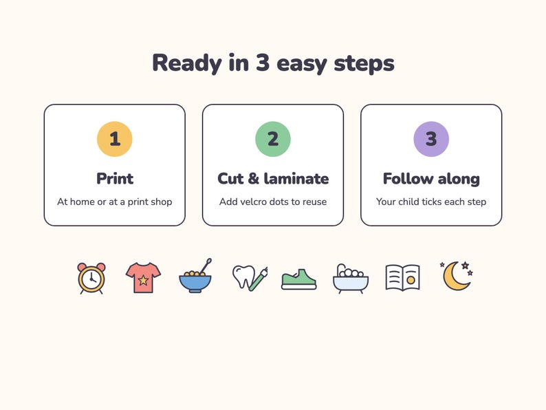 May include: An instructional graphic titled Ready in 3 easy steps with three numbered boxes. Step 1: Print. Step 2: Cut & laminate. Step 3: Follow along. Below are eight colorful icons representing daily activities: alarm clock, shirt, bowl, tooth, shoe, bathtub, book, and moon.