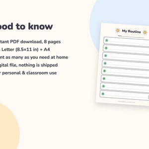 May include: A digital routine planner page featuring the text My Routine with sun icons, a name line, and eight numbered green circles next to blank lines and checkboxes. The document is formatted for US Letter 8.5x11 inch paper size.