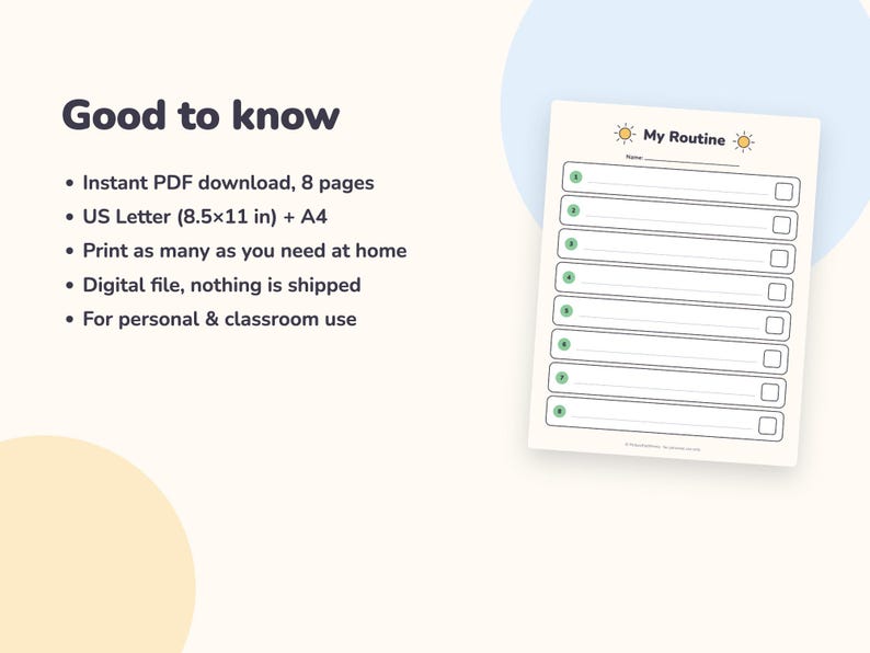 May include: A digital routine planner page featuring the text My Routine with sun icons, a name line, and eight numbered green circles next to blank lines and checkboxes. The document is formatted for US Letter 8.5x11 inch paper size.