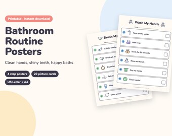 Bathroom Routine Chart for Kids Printable, Handwashing Poster, Tooth Brushing Chart, Bath Time Visual Steps (PDF)