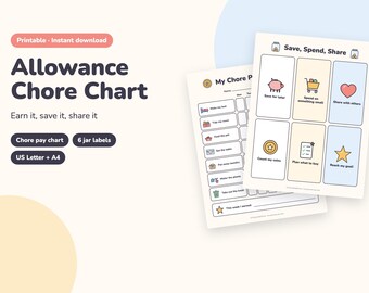 Allowance Chart for Kids Printable, Chore Chart with Money, Save Spend Share Jar Labels, Savings Tracker for Kids (PDF)