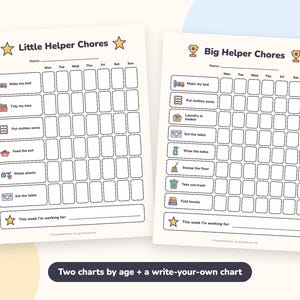 Op de afbeelding: Twee witte papieren takenkaarten met de titels Little Helper Chores en Big Helper Chores. Elke kaart bevat een rooster voor de dagen van de week, taakpictogrammen en een regel voor een naam. De Little Helper kaart bevat zes taken, de Big Helper acht.