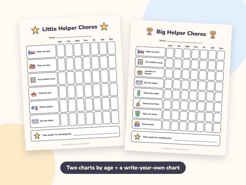 Op de afbeelding: Twee witte papieren takenkaarten met de titels Little Helper Chores en Big Helper Chores. Elke kaart bevat een rooster voor de dagen van de week, taakpictogrammen en een regel voor een naam. De Little Helper kaart bevat zes taken, de Big Helper acht.