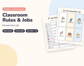 Classroom Rules Poster and Classroom Jobs Chart Printable, Picture Job Cards, Preschool and Kindergarten Classroom Helpers (PDF)