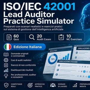 Puede incluir: Un gráfico digital para un simulador de auditor líder ISO/IEC 42001 con fondo azul, silueta de cabeza humana, texto de IA y gráficos de datos. Enumera 60 cuestionarios, 20 casos de auditoría y 10 ejercicios de NC en italiano.