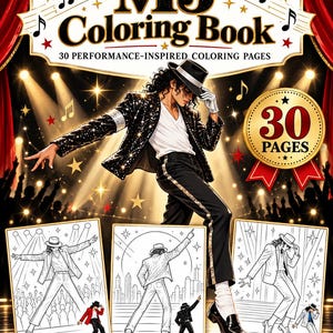 Può includere: Un libro da colorare intitolato MJ Coloring Book con 30 pagine da colorare ispirate alle performance. La copertina mostra un artista con giacca di paillettes, fedora e guanto bianco, con tre esempi di illustrazioni in bianco e nero sotto.