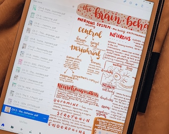 Puede incluir: Una tableta digital que muestra notas escritas a mano sobre el cerebro y el comportamiento. Las notas incluyen las palabras "the brain behavior", "sistema nervioso", "central", "periférico", "neuronas", "neurotransmisores", "dopamina", "serotonina", "endorfinas" y "vaina de mielina".