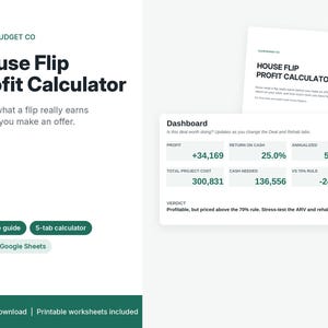 May include: A digital House Flip Profit Calculator by Clear Budget Co. The document features a dashboard with financial metrics like profit, return on cash, and project costs. It includes a 10-page guide, a 5-tab calculator, and is compatible with Excel and Google Sheets.