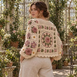 May include: A cream-colored crochet cardigan featuring a square-patterned back with intricate floral motifs in shades of dusty pink, sage green, and white. The garment has long, voluminous sleeves and a scalloped hem, crafted from yarn.