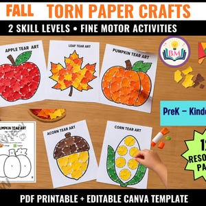 Puede incluir: Set de manualidades de papel rasgado de otoño con 12 páginas de recursos para preescolar y jardín de infantes. Incluye hojas de actividades de manzana, hoja, calabaza, bellota y maíz con dos niveles de habilidad, PDF imprimible y plantilla Canva.