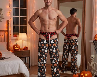 Pantalones de pijama de Halloween para parejas, pijamas a juego para él y para ella, cómodos pantalones de descanso de otoño, pijamas divertidos de fantasmas con calabazas de Halloween.