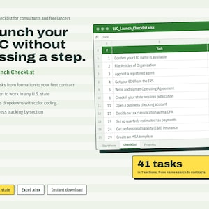 Könnte beinhalten: Eine digitale LLC-Start-Checkliste für Berater und Freiberufler, mit einer Tabellenkalkulationsoberfläche, Aufgabenzeilen, Status-Dropdowns und Fortschrittsverfolgung. Der Text enthält 'Launch your LLC without missing a step' und '41 tasks'.