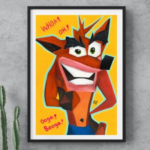 Op de afbeelding: Een ingelijste kunstdruk met een gestileerd oranje en bruin stripfiguur met grote ogen, een brede grijns en een blauwe broek tegen een felgele achtergrond. De tekst WHOA! OH! en Ooga! Booga! is in het roze geschreven.