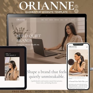 以下が含まれることがあります： Orianne Elementorウェブサイトテンプレートのデジタル表示で、ノートパソコン、タブレット、スマートフォンの画面が含まれています。インターフェースはニュートラルなカラーパレット、タイポグラフィ、ブレザーを着た人物の画像を表示しており、Build Quiet BrandsやShape a brand that feels quietly unmistakableといったテキストが含まれています。