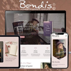 May include: A digital display of the Bendis Elementor website template featuring a laptop, tablet, and smartphone. The screens show a book author's website with the title The Violet Hour, book covers, and sections titled Quiet Stories, Held Close, and Meant to Stay.