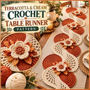 May include: A terracotta and cream crochet table runner pattern featuring a wavy design with circular motifs and three-dimensional floral accents. The text reads: Terracotta & Cream Crochet Table Runner Pattern.