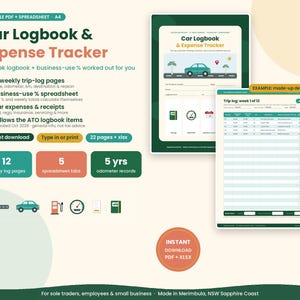 May include: A digital car logbook and expense tracker set featuring a fillable PDF and spreadsheet. The document includes 12 weekly trip-log pages, a business-use percentage calculator, and space for odometer records, fuel, and insurance expenses.