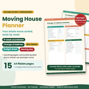 May include: A digital Moving House Planner set featuring 15 fillable A4 PDF pages and a spreadsheet. The documents include an 8-week countdown, change-of-address checklist, budget sheet, box labels, and moving day tasks with colour-coded sections.