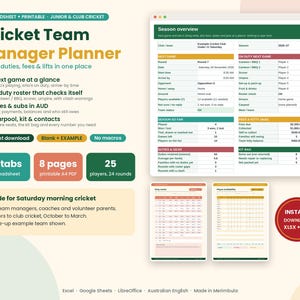 Cricket Team Manager Planner Spreadsheet, Junior Club Roster & Fees (XLSX + PDF)