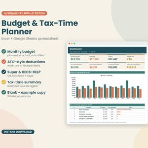 Puede incluir: Una hoja de cálculo digital Budget & Tax-Time Planner para Excel y Google Sheets. La interfaz muestra un panel con métricas financieras, un gráfico de barras que compara ingresos y gastos, y una tabla de categorías de gasto.