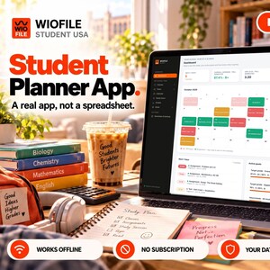 Aplicación de planificación estudiantil, seguimiento de tareas y trabajos, seguimiento de promedio de calificaciones y notas, registro de horas de estudio, sin conexión, sin suscripción.