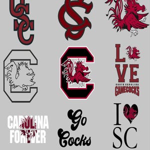 May include: A collection of nine digital graphic designs featuring the University of South Carolina Gamecocks logo, including the letters USC, SC, a fighting rooster, the word LOVE, CAROLINA FOREVER, Go Cocks, and I heart SC in garnet, black, and white.