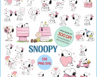 May include: A collection of Snoopy and Woodstock digital illustrations featuring various poses, pink accents, hearts, and accessories. The image includes text stating SNOOPY, HIGH QUALITY 300 DPI TRANSPARENT BACKGROUND, and 550 PNG SVG.
