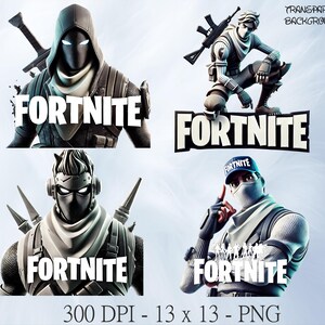 Peut inclure: Une collection numérique de quatre illustrations de personnages Fortnite présentant divers avatars en équipement tactique, capuches et casquettes. Chaque personnage est associé au logo Fortnite blanc. L'image inclut le texte 300 DPI, 13 x 13 et PNG.