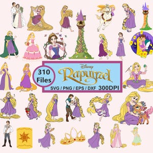 May include: A collection of digital illustrations featuring Rapunzel, Flynn Rider, and various characters from the movie Tangled, including a tower, a crown, and lanterns. The central text reads Disney Rapunzel 310 Files SVG PNG EPS DXF 300DPI.