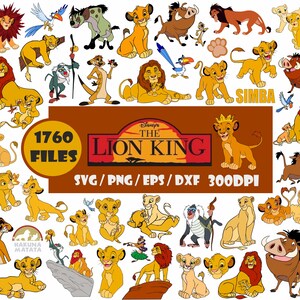 Puede incluir: Una colección digital de 1760 ilustraciones de personajes de El Rey León, incluyendo a Simba, Nala, Mufasa, Timon, Pumbaa y Rafiki. El gráfico muestra el texto The Lion King, 1760 FILES y SVG/PNG/EPS/DXF 300DPI sobre un fondo marrón.
