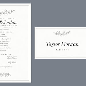 Modern Black & White Wedding Day-Of Stationery Set | Minimal Menu Program Place Cards Table Numbers 1-20 | Printable