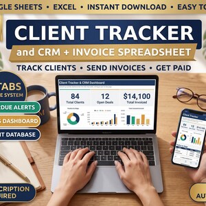 Client Tracker CRM Spreadsheet Google Sheets Excel, Freelancer Sales Pipeline, Small Business Client Database, Invoice Tracker