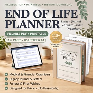 End of Life Planner Fillable PDF | Legacy Journal & Final Wishes Organizer | Important Information Binder | Emergency Guide Digital Download