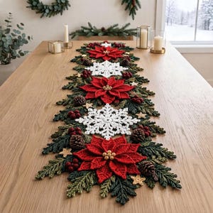 May include: A crochet table runner featuring alternating red poinsettia flowers and white snowflakes, accented with green pine branches, small red berries, brown pinecones, and tiny beige stars, arranged in a long decorative centerpiece.