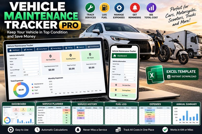 Vehicle Maintenance Tracker Excel Template | Car Service Log | Fuel ...