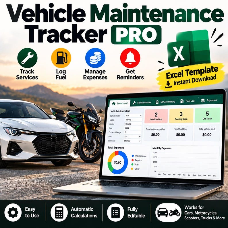 Vehicle Maintenance Tracker Excel Template | Car Service Log | Fuel ...