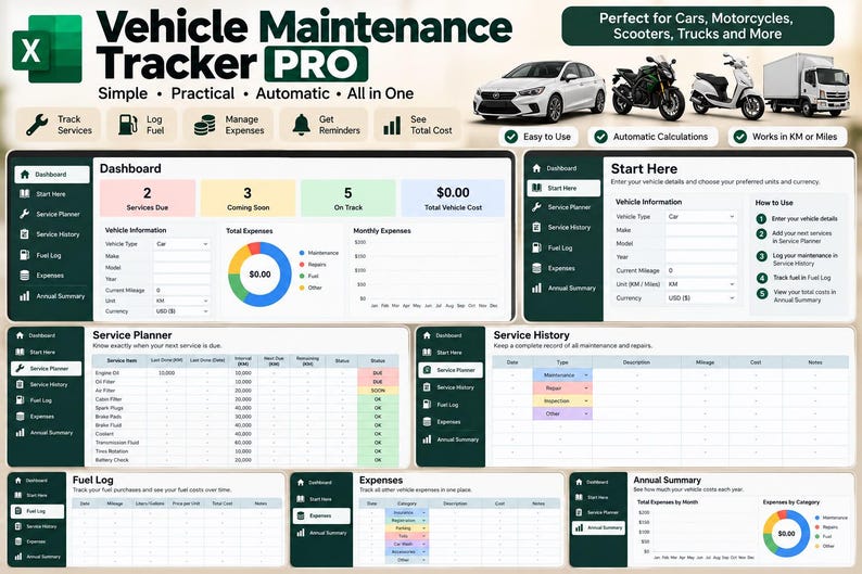 Vehicle Maintenance Tracker Excel Template | Car Service Log | Fuel ...