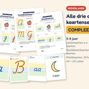 Puede incluir: Un conjunto de tarjetas educativas para niños con letras del alfabeto holandés, mayúsculas y sonidos fonéticos. Las tarjetas muestran escritura cursiva, ilustraciones coloridas como una manzana, una casa y una luna, y etiquetas de texto en holandés.