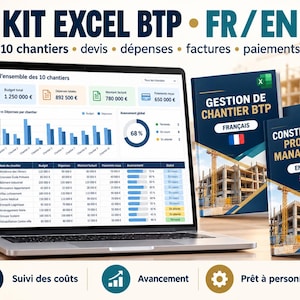 Op de afbeelding: Een laptop toont een dashboard voor bouwprojectbeheer met financiële gegevens, grafieken en voortgangsbalken. Naast de laptop liggen twee handleidingen met de titels GESTION DE CHANTIER BTP en CONSTRUCTION PROJECT MANAGEMENT met afbeeldingen van gebouwen.
