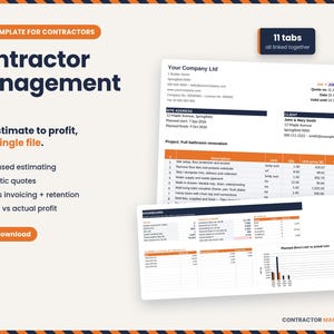 Peut inclure: Un modèle Excel pour entrepreneurs intitulé Contractor Management Pro. Le document présente un formulaire de devis avec des colonnes pour les descriptions, unités, quantités et prix, ainsi qu'un tableau de bord avec des graphiques.