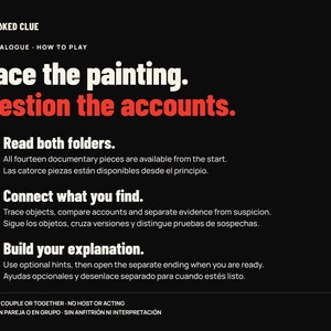 How to investigate: read both folders, connect the evidence and build an explanation. Optional hints and separate ending.