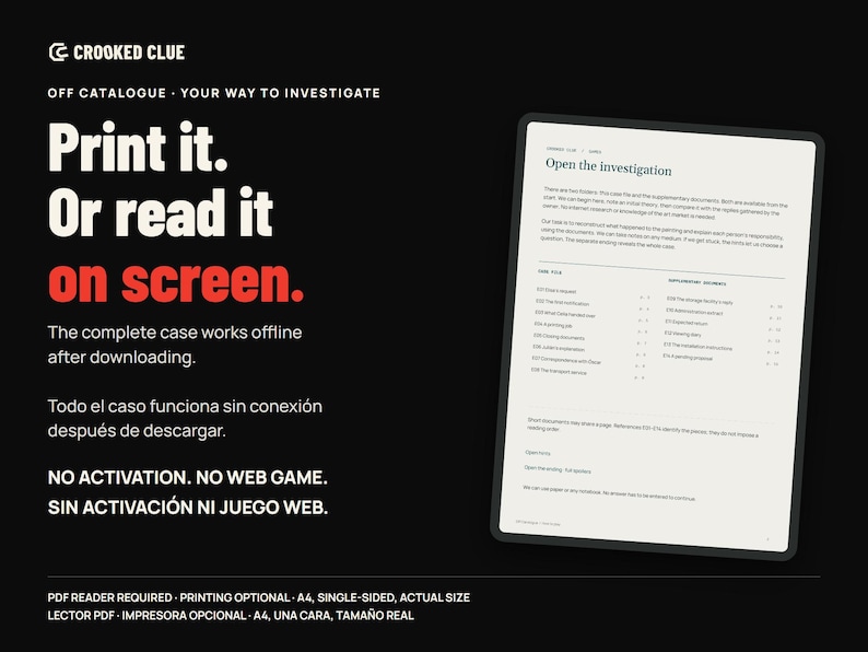 Print or read the actual PDF on screen. Complete offline case after downloading; no activation or web game. PDF reader required.