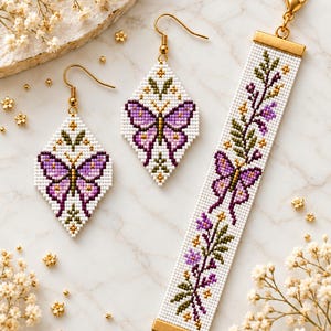 May include: A pair of diamond-shaped beaded earrings and a matching rectangular beaded bracelet, each featuring a purple and white butterfly motif with green accents, finished with gold-toned metal hardware and earring hooks.